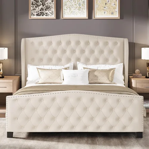 Vista 8 de LARMACE Base de cama tamaño Queen con tapizado de terciopelo, cama de plataforma con cabecera y pie de ala, base de cama con botones profundos
