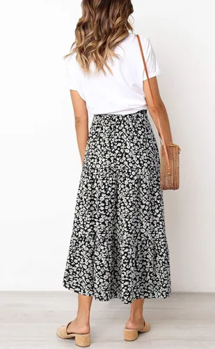 Vista 3 de MEROKEETY - Falda larga por debajo de la rodilla, acampanada y plisada de cintura alta con estampado floral bohemio y bolsillos para mujer