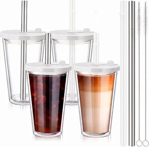 Vista 13 de Honeydak Paquete de 2 Tazas Reutilizables de 16oz para Café Helado con Tapas, Impermeables y de Pared Doble Aislada, Vaso de Café Helado de Plástico