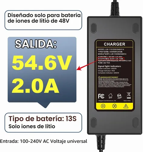 Vista 2 de Cargador eléctrico de 54.6V 2A para carga rápida y segura de 48v de batería de iones de litio 13S