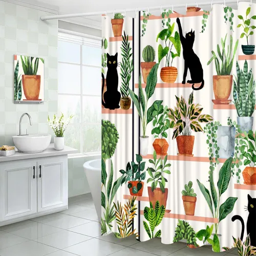 Vista 4 de Cortina de ducha con diseño de plantas y gatos, diseño de gatito negro, diseño bohemio, hojas verdes en maceta, tela estética botánica, cortinas