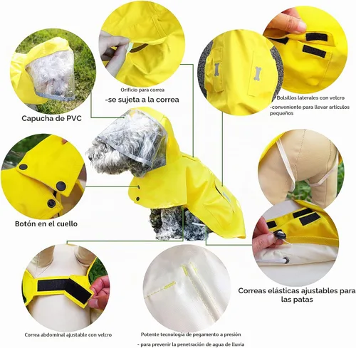Vista 4 de Impermeable para perro con poncho con capucha, chaqueta de lluvia amarilla ajustable de alto reflejo, con agujero para correa para perros pequeños