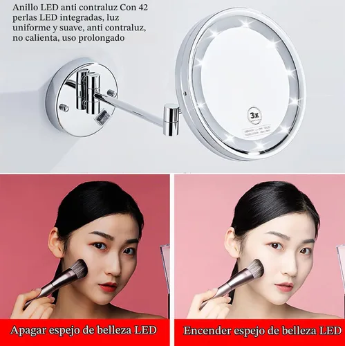 Vista 4 de Espejo de maquillaje LED con luces y aumento de 10x, espejo de tocador montado en la pared, redondo, de doble cara, con brazo extensible giratorio