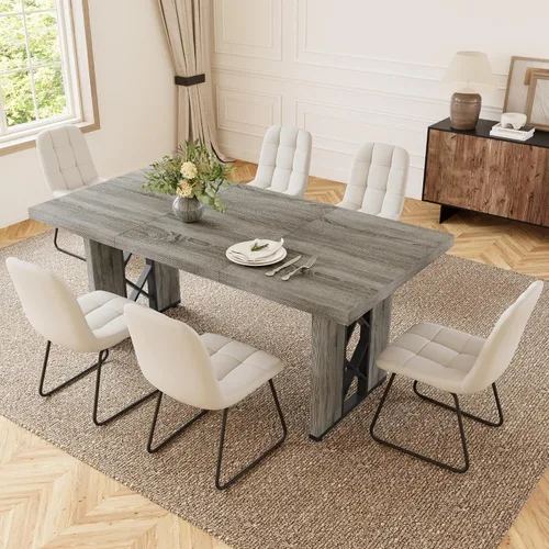 Vista 20 de HIPIHOM Mesa de comedor de granja de 70.8 pulgadas para 6 personas, mesa de cocina rectangular grande con patas resistentes, muebles de comedor