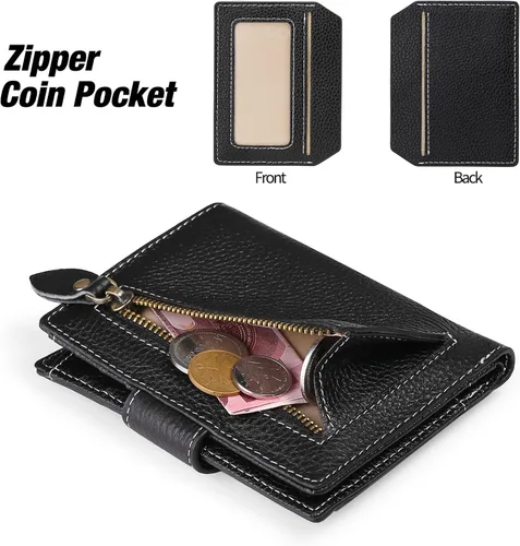 Vista 5 de FALAN MULE Cartera pequeña para mujer, de piel auténtica, plegable, compacta, con bloqueo RFID, pequeña cartera para mujer, ZZE-Elegant Negro