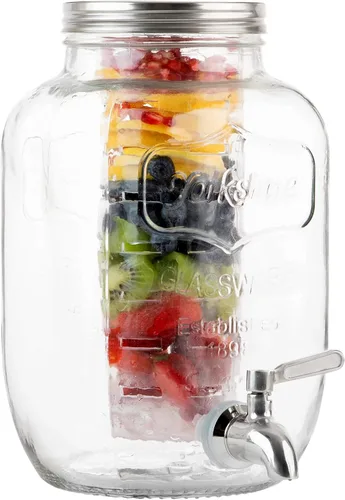 Vista 3 de Dispensador de bebidas de vidrio de 2 galones con infusores de hielo y frutas, espita de acero inoxidable y tapa de metal, dispensador de bebidas