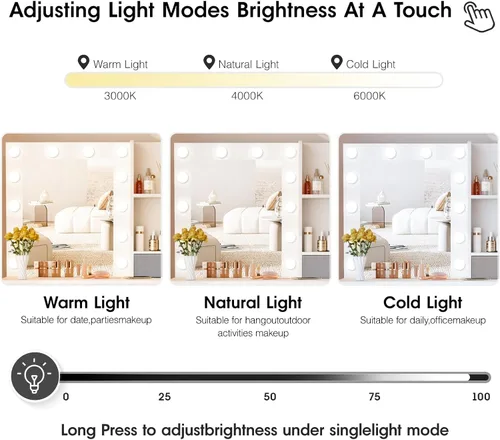Vista 5 de Fameill Tocador de maquillaje con luces, escritorio de tocador de 37 pulgadas con espejo y luces, 4 cajones, 3 modos de iluminación, brillo