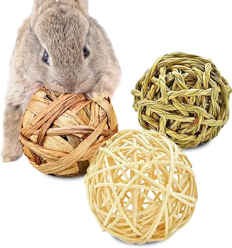 Vista 2 de SunGrow Paquete de 3 bolas masticables de conejo, juguete de dentición de hierba surtida para mascotas de bolsillo pequeñas, soporte de desgaste