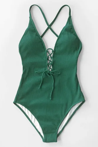 Vista 5 de CUPSHE Traje de baño de una pieza con cordones, cuello en V y color liso para mujer