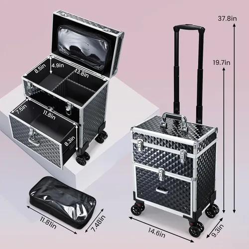 Vista 6 de Estuche de maquillaje profesional con cajón para artistas de maquillaje, estuche de tren cosmético, estuche de almacenamiento grande para técnicos