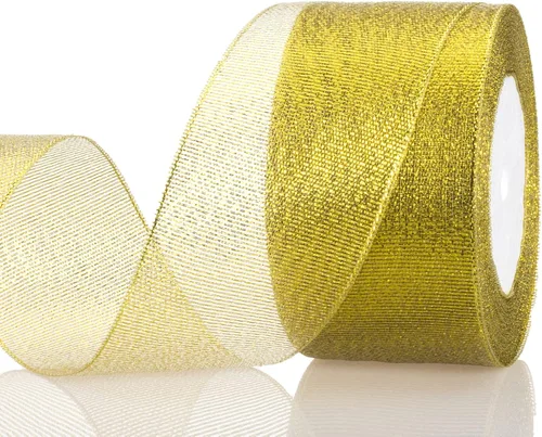 Vista 12 de YASEO Cinta de purpurina dorada de 1 1/2 pulgadas, 25 yardas de cinta de tela metálica brillante para envolver regalos, decoración de fiestas