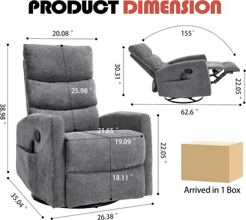 Vista 2 de Luxlen Silla reclinable giratoria manual con masaje, deslizador reclinable sobrerelleno con masaje por vibración y calor para guardería, sala