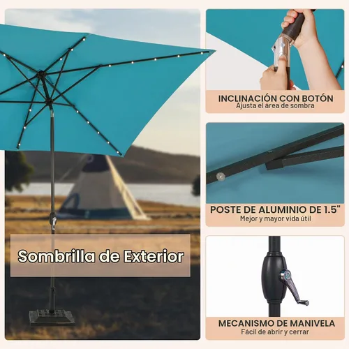 Vista 3 de MONDAWE Paraguas rectangular de mercado con luces LED solares de 10 x 6.5 pies para exteriores, sombrilla de patio con manivela, sombrilla de mesa