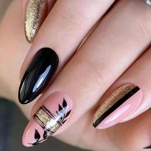 Vista 12 de Uñas postizas cortas francesas en forma de almendra con diseño de línea dorada y estampado de leopardo, uñas artificiales acrílicas de cobertura