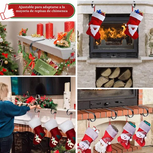 Vista 5 de Juego de 4 soportes de calcetines de Navidad para manto, soportes de calcetines de Navidad sin arañazos para chimenea de chimenea, ganchos multiusos