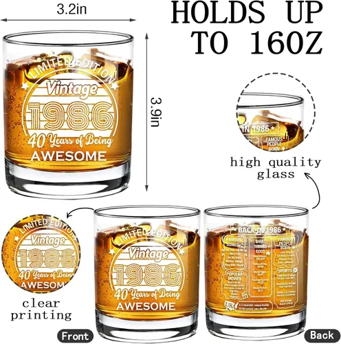 Vista 2 de Gafas antiguas de 1986 – Vintage 1986 Información de la antigüedad 10.25oz Whisky Rocks Glass – 40 cumpleaños envejecido a la perfección – regalos