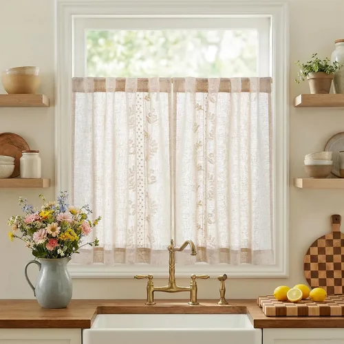 Vista 36 de jinchan Cortinas de lino floral beige para cocina, 24 pulgadas, 2 paneles A Beige