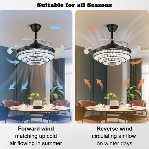 Vista 3 de Ventilador de techo de 42 pulgadas con luz, ventiladores de araña negros Retractable Ceiling Fans with Lights, Crystal Chandelier with Music, 7