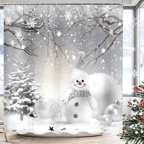Vista 9 de Cortina de ducha de granja de Navidad para baño, decoración del hogar de árbol de Navidad de invierno, cortinas de baño de madera de puerta