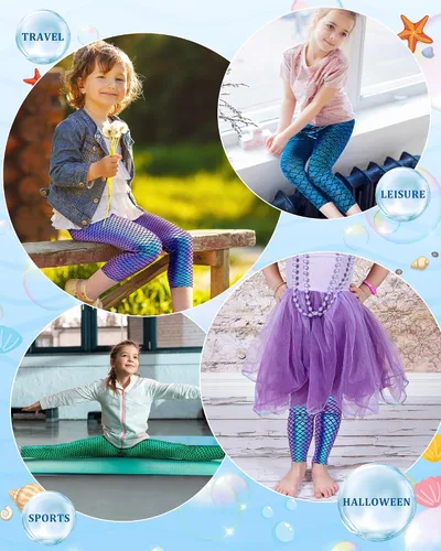 Vista 7 de Suhine 3 piezas de leggings metálicos de sirena para niñas, de cintura alta, elásticos, pantalones ajustados para niños, entrenamiento, fiesta