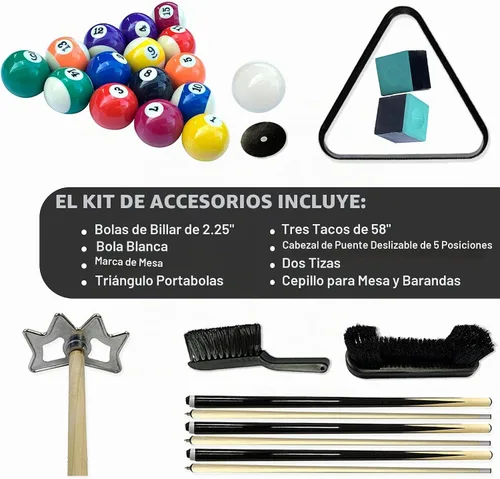 Vista 2 de Freetime Fun Accesorios para mesa de billar que incluyen bolas de billar, tacos de piscina, tiza de piscina, triángulo de 8 bolas, cepillo para mesa
