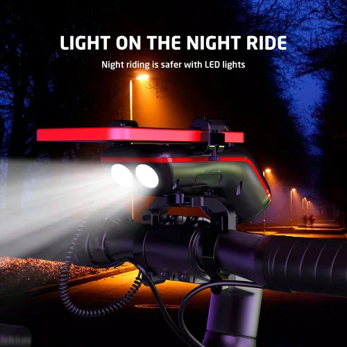 Vista 2 de UPPEL Altavoz Bluetooth para bicicleta, soporte multifuncional para teléfono de bicicleta 10 en 1, luz LED, bocina de bicicleta, micrófono, ideal