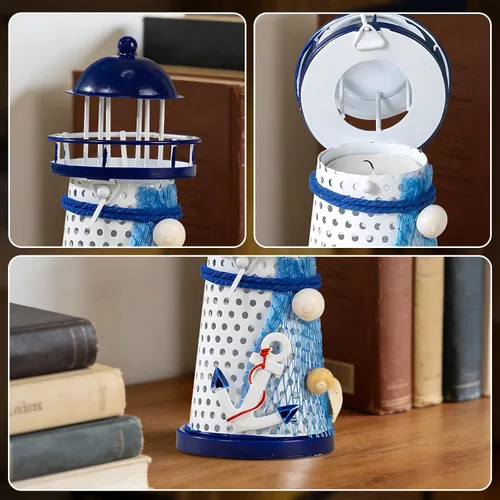 Vista 3 de Juego de 3 portavelas de faro de lata de estilo mediterráneo, decoración de faro náutico azul y blanco con diseños de gaviota, velero y ancla