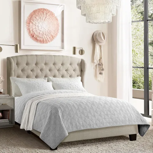 Vista 13 de Rosevera Issac - Cama con cabecera ajustable de diseño distintivo y marco de cama acolchado con botones, tamaño King, beige clásico