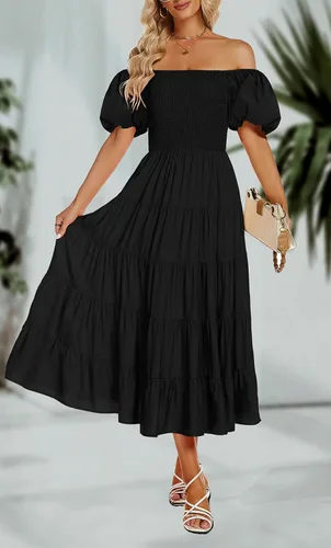 Vista 4 de Funlingo Vestido midi de manga corta abombada para mujer, estilo casual, cuello cuadrado, fruncido, acampanado, escalonado, para verano 2023