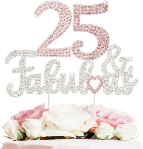 Vista 12 de 25 y fabulosa decoración de pastel de diamantes de imitación dorados y rosados – Feliz cumpleaños 25 años saluda a 25 años de edad, decoración
