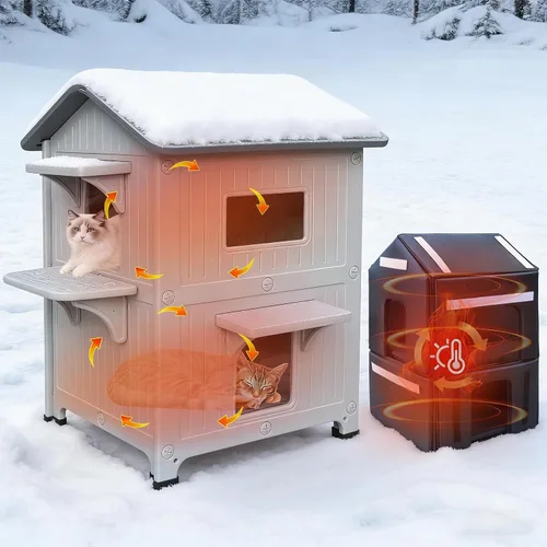 Vista 10 de Casa para gatos al aire libre, resistente a la intemperie, casas de plástico para gatos con puerta de escape, 2 pisos para interiores, impermeable