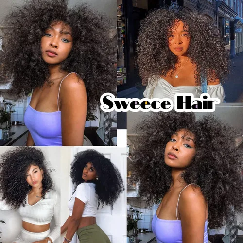 Vista 6 de Sweece - Peluca afro larga y rizada con flequillo para mujeres negras, peluca de cabello rizado de 17 pulgadas (17 pulgadas, negro)