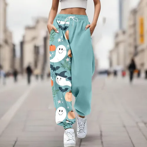 Vista 2 de Pantalones deportivos de Halloween para mujer, con estampado de calabaza, cintura alta, pantalones deportivos activos con cordón y pierna recta
