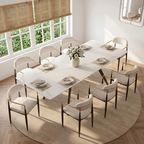Vista 14 de Honyee Mesa de comedor de piedra sinterizada, mesa de comedor extensible con hojas, parte superior rectangular de aspecto de mármol, asientos 6-12