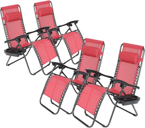 Vista 11 de Juego de 4 sillas reclinables de gravedad cero de malla de acero para acampar al aire libre con reposapiés, ajustable, almohada, bandeja, beige