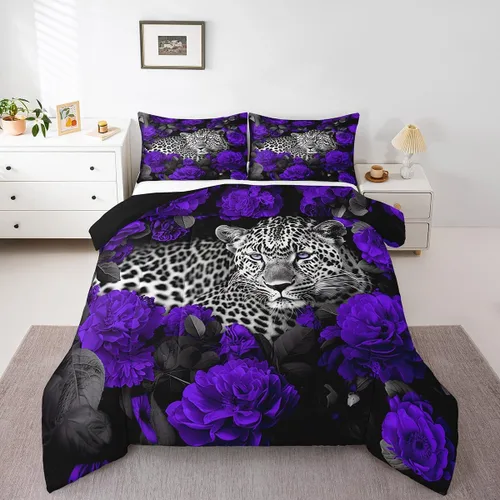 Vista 30 de Erosebridal Juego de ropa de cama de guepardo con rosa azul, juego de edredón con estampado de leopardo y gato, edredón romántico de plumón