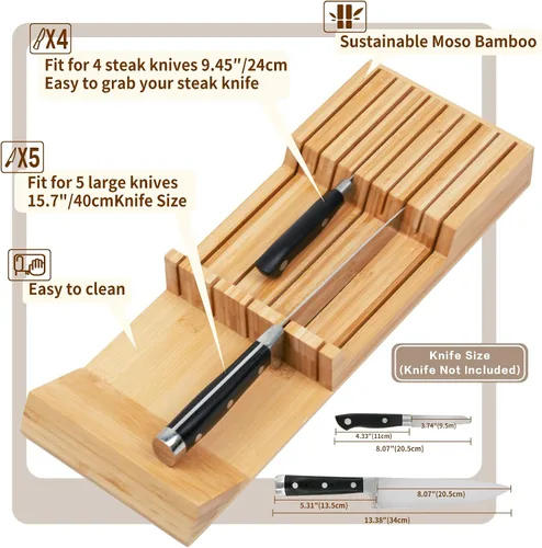 Vista 4 de Utoplike Organizador de cajón para cuchillos Bloque de cuchillos de bambú para cocina, Soporte para bistecs de mango grande, Apto para 9 cuchillos