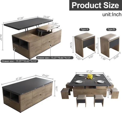 Vista 2 de Guyii - Mesa auxiliar elevable con 4 taburetes y ruedas, mesa central 3 en 1 con almacenamiento, mesa auxiliar marrón convertida en mesa de comedor