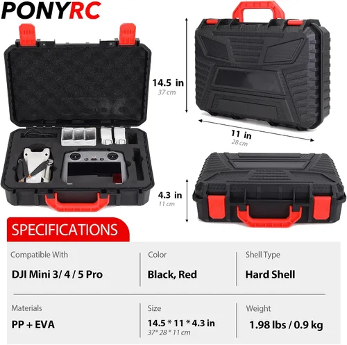 Vista 5 de Estuche rígido para DJI Mini 3/4/5 Pro, funda de transporte de viaje impermeable para DJI Mini 3/4/5 Fly More Combo, RC 2/RC-N3, soporte 7