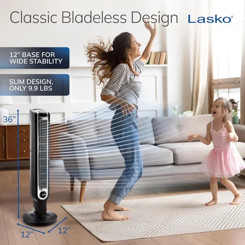 Vista 4 de Lasko Ventilador de torre oscilante con control remoto, 3 velocidades silenciosas, temporizador para dormitorio, cocina, uso en oficina, negro, 36