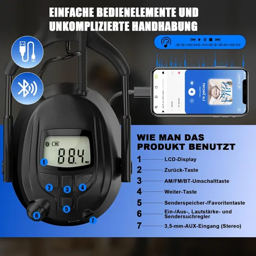 Vista 8 de Gardtech Protección auditiva Bluetooth 5.3 AM/FM, orejeras de seguridad SNR de 29 dB con pantalla digital, auriculares recargables con cancelación