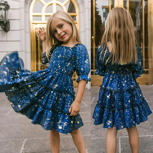 Vista 2 de Vestido floral de verano para niñas, cuello cuadrado, manga abombada, gasa midi, vestido de cabaña fruncido con volantes y espalda descubierta