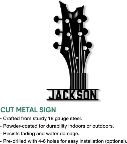 Vista 2 de Letrero de metal personalizado para guitarra, decoración de pared con nombre personalizado para porche, patio, valla, estudio o dormitorio, regalo