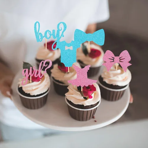 Vista 5 de Paquete de 24 adornos para cupcakes para niños o niñas, con purpurina rosa y azul, palillos para cupcakes de baby shower, corbatín, mameluco, mono