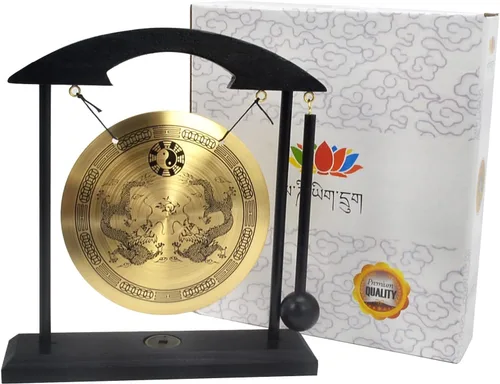 Vista 7 de Gong de escritorio de latón, arte zen, feng shui para la decoración de oficina en casa, práctica de meditación, incluye pulsera de cadena roja