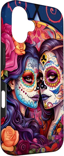 Vista 3 de Funda floral para iPhone 16 Sugar Skulls La Catrina Día de los Muertos Dos Mujeres