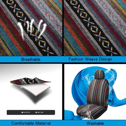 Vista 4 de Baja Saddle Blanket - Fundas de asiento de automóvil, 4 piezas delanteras, transpirables y lavables, tejido a rayas, funda de asiento universal