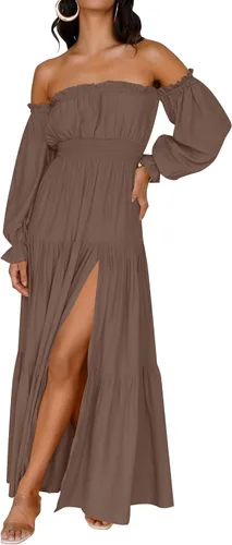 Vista 144 de ZESICA - Vestido largo, bohemio y sexy, con hombros descubiertos y manga larga fruncida, con elástico fruncido, cintura alta y abertura lateral