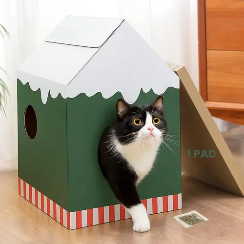 Vista 12 de Conlun Casa de cartón para gatos con almohadilla para rascar y hierba gatera, casa rascador para juegos de gatos para muebles de interior, rascador