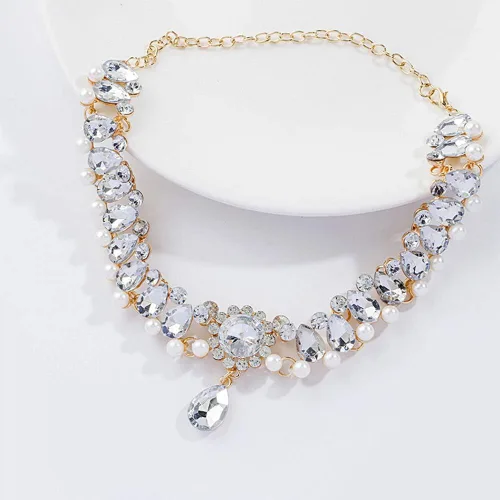 Vista 2 de Chmier Bohemia Rhinestone Choker Crystal Necklace Pearl Choker Wedding Jewelry Bridal Necklace Diamond Pendant Choker for Women and Girls